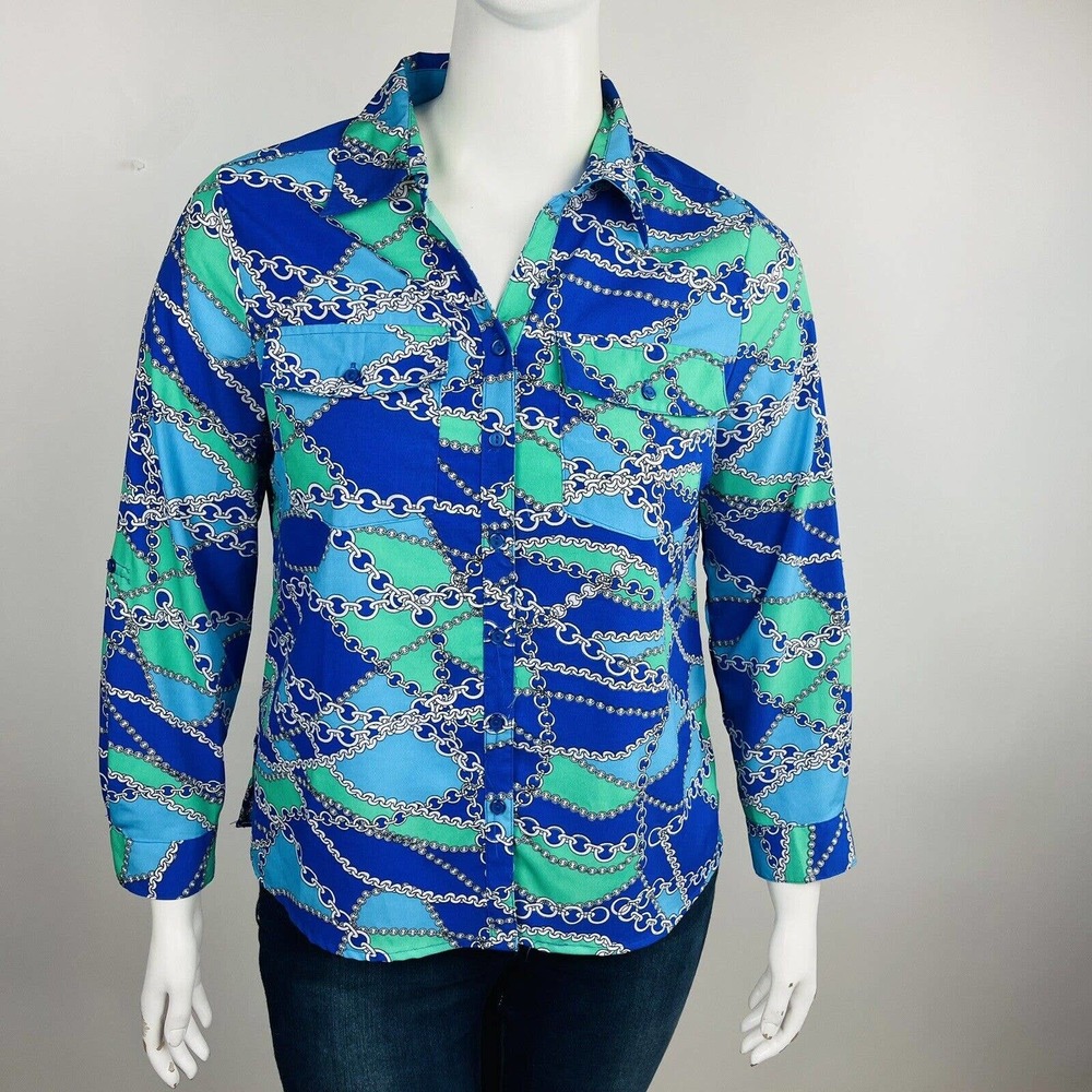 Notations Career Womans Sz Petite XL Blouse Long Sleeve Top Blue Chain - Picture 2 of 8